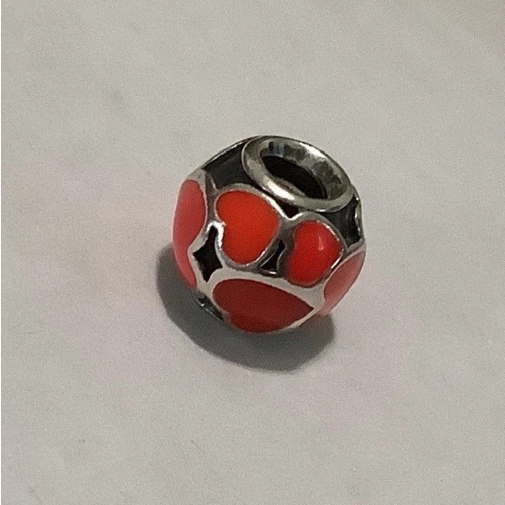 EUC Pandora S925 Silver and Red/orange enamel hearts Charm Bracelet Bead